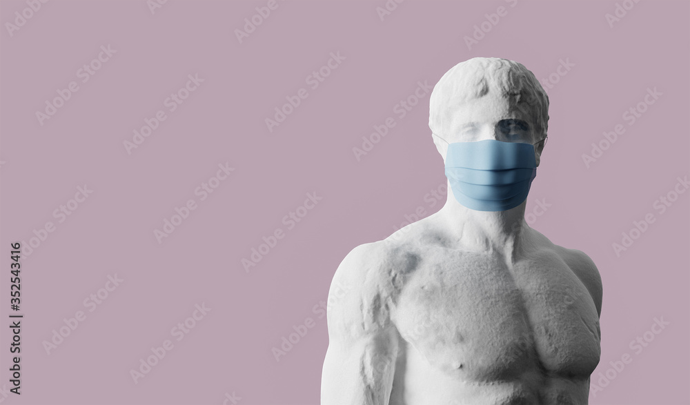 Ancient human statue wearing face mask against coronavirus COVID-19 - obrazy, fototapety, plakaty 