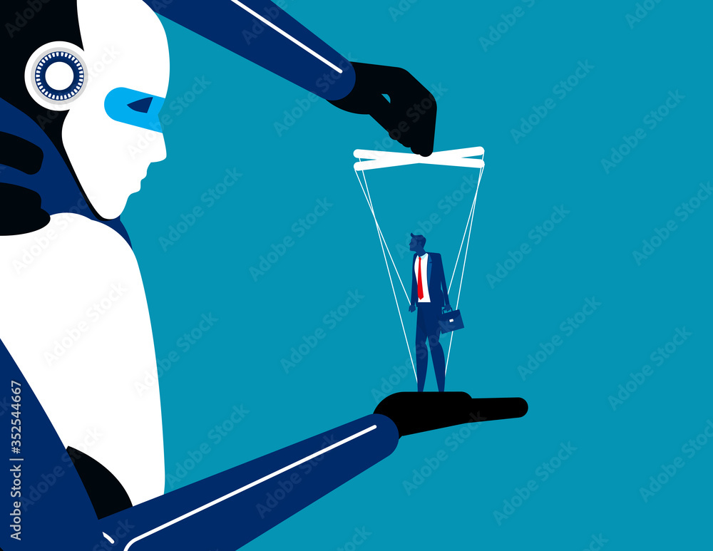 Technology Rulling Human Manipulating. Robot technology controlling people. Growth in na new era ...