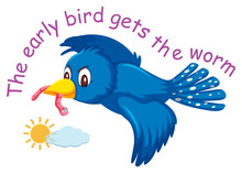 English Idiom With Picture Description For Early Bird Gets The Worm On White Background