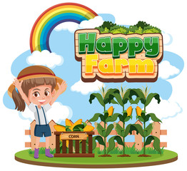 Font design for happy farm with girl and corns