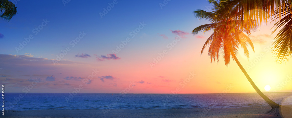 Art beautiful Landscape of paradise tropical island beach, sunrise shot - obrazy, fototapety, plakaty 