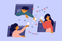 Online Party, Birthday, Virtual Meeting With Friends. Man, Women Stay Home, Drink Wine Through Computer Windows. People Celebrate Event Remotely. Video Call During Self Isolation. Vector Illustration.