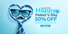 Father's Day Sale Poster Or Banner Template With Glasses And Heart Shape By Necktie On Blue Background.Greetings And Presents For Father's Day.Promotion And Shopping Template For Love Dad