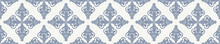 
Seamless French Fleur De Lis Medallion Border Pattern . Linen Shabby Chic Style. Hand Drawn Damask Banner Texture. Antique Blue  Background. Farmhouse Country Edging. Ornate Flourish Ribbon Trim