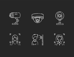 Canvas Print - Biometric identification chalk white icons set on black background. Video surveillance. Facial recognition. Identity verification. CCTV camera. Isolated vector chalkboard illustrations