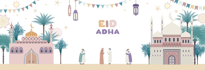 Holiday adha banner with mosque and celebrating people