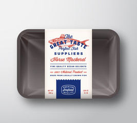 Wall Mural - Great Taste Fish Suppliers Abstract Vector Rustic Packaging Design Label on Plastic Tray with Cellophane Cover. Retro Typography and Hand Drawn Horse Mackerel Silhouette Vintage Background Layout.