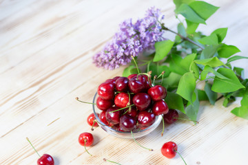 Wall Mural - ripe red cherry berries in a glass bowl and blooming lilac branch on wooden table