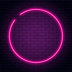 Leinwandbilder - Neon sign in circle shape. Bright neon light, illuminated round frame. Glowing purple neon tube on dark background. Signboard or banner template in 80s and 90s style