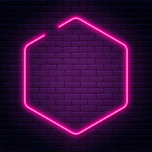 Neon Sign In Octagon Shape. Bright Neon Light, Illuminated Octagon Frame. Glowing Purple Neon Tube On Dark Background. Signboard Or Banner Template In 80s And 90s Style
