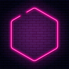 Leinwandbilder - Neon sign in octagon shape. Bright neon light, illuminated octagon frame. Glowing purple neon tube on dark background. Signboard or banner template in 80s and 90s style
