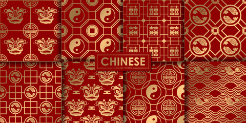 Golden chinese pattern collection, Abstract background, Decorative wallpaper.