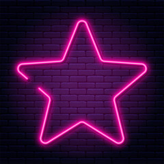 Leinwandbilder - Neon sign in star shape. Bright neon light, illuminated star frame. Glowing purple neon tube on dark background. Signboard or banner template in 80s and 90s style