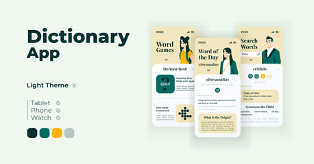 Vocabulary app cartoon smartphone interface vector templates set. Mobile app screen page day mode design. Word games, online dictionary. UI for application. Phone display with flat character