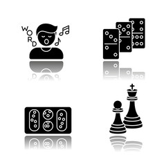 Poster - Entertainment activities drop shadow black glyph icons set. Friendly time and family party recreation. Song game, dominoes, mancala and chess. Isolated vector illustrations on white space