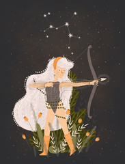 Wall Mural - Sagittarius zodiac sign illustration. Portrait of a strong warrior woman with bow and arrow. constellation