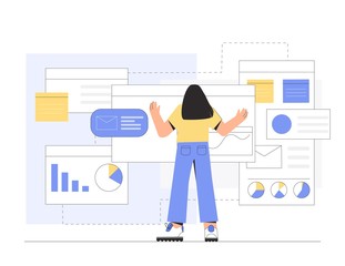 Design and development business concept. Woman programmer or designer working in program a company office. Vector illustration in flat style.