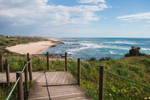 Beautiful Views Of The Ocean And The Waves Of The Wooden Trail, Blue Sky, Green Nature Around