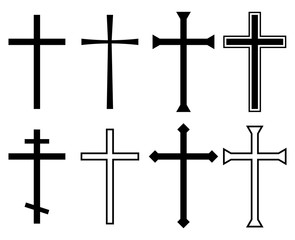 Religion cross symbol. Christian black icons collection. Crosses silhouette element. Set of different cross for church logo. vector illustration.