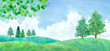 © Keiko Takamatsu - 新緑の平原と積乱雲の風景、水彩イラスト