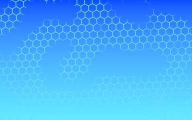 Translucent, with breaks, honeycomb on a gradient blue sky background. Perspective view on polygon look like honeycomb. Isometric geometry. 3D illustration