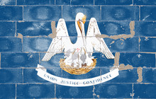 National Flag Of The US State Of Louisiana In Blue In Center Shows A Bird's Nest, Inside The Pelican Feeds The Blood Their Chicks On Independence Day. Religious Disputes, Customs And Delivery.