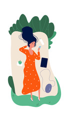 Sticker - Girl on nature. Meditation, time for yourself. Happy single woman with smartphone and water. Female relaxing vector illustration. Woman relaxing on park lying on grass