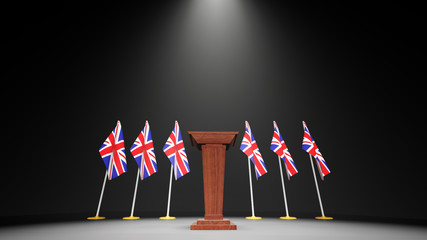 Wall Mural - Press conference of premier minister of Great Britain concept, Politics of Great Britain. Podium speaker tribune with Canada flags and coat arms. 3d rendering