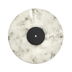 White Marbled Vinyl Disc Record with Black Label Blank. 3D Render Isolated on White Background.