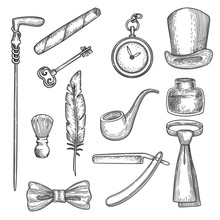 Gentleman Set. Retro Hand Drawn Collection Of Man Clothes And Accessories Whiskey Clock Smoking Cylinder Cutthroat Vector Fashion Illustration. Gentleman Clothing And Fashion, Cigar And Bowler