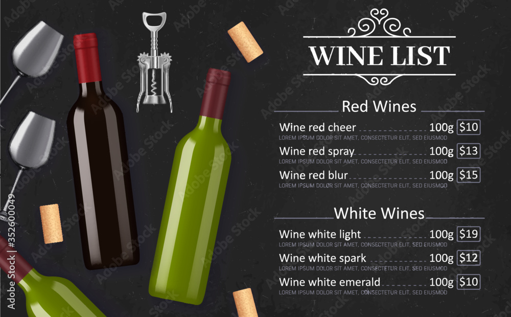 Wine list vector menu template of red and white grape alcohol drinks. Bottles, glasses, corks and corkscrew on black chalkboard background with vintage vignette. Winery, restaurant or bar wine list - obrazy, fototapety, plakaty 