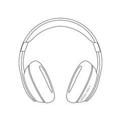 Outline linear drawing of headphones speaker device gadget of continuous linear design isolated on a white background. The musical element to listen to the songs and playlist. Illustration