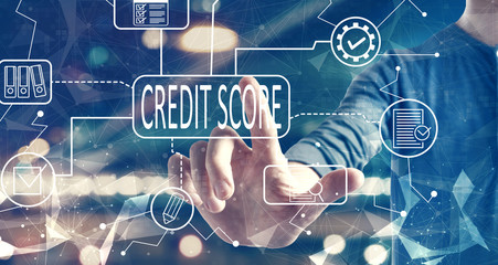 Wall Mural - Credit score theme with a man on blurred city background