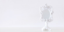 Image Of White Vintage Mirror Over Wooden Table. For Mockup, Can Be Used For Photography Montage