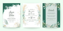 Golden Greenery Wedding Invitation Template Set With Leaves, Glitter, And Border. Floral Decoration Vector For Save The Date, Greeting, Thank You, Rsvp, Etc