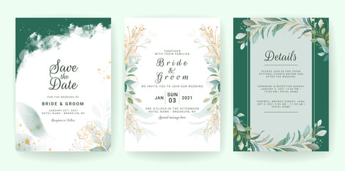 Wall Mural - Golden greenery wedding invitation template set with leaves, glitter, and border. Floral decoration vector for save the date, greeting, thank you, rsvp, etc