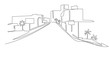 Modern urban scene continuous one line vector drawing. City architecture panoramic landscape. Street hand drawn silhouette. Apartment buildings isolated minimalistic illustration.