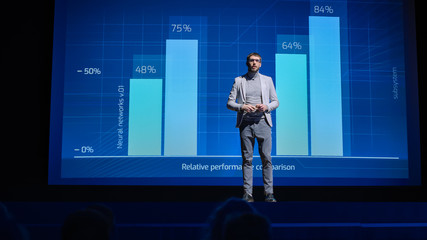 Aufkleber - On-Stage: Speaker Does Presentation of the New Electronic Product, Shows Infographics, Statistic Animation on Screen. Auditorium Hall Live Event, Start-up Conference, Device Presentation and Release