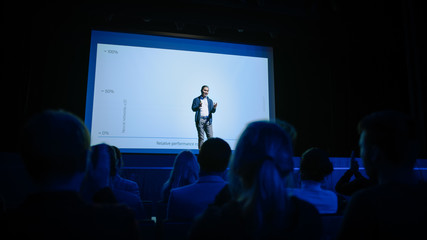 Aufkleber - Conference Stage: Speaker Presents New Product, Talks about Performance, Neural Networks, Artificial Intelligence, Big Data and Machine Learning. Live Business Event with Large Audience
