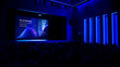 © Gorodenkoff - In Movie Theater Computer Science Startup Conference: Captivated Audience Watching Presentation of New Product, Talks about Neural Networks, Shows New AI, Big Data and Machine Learning App on Screen.