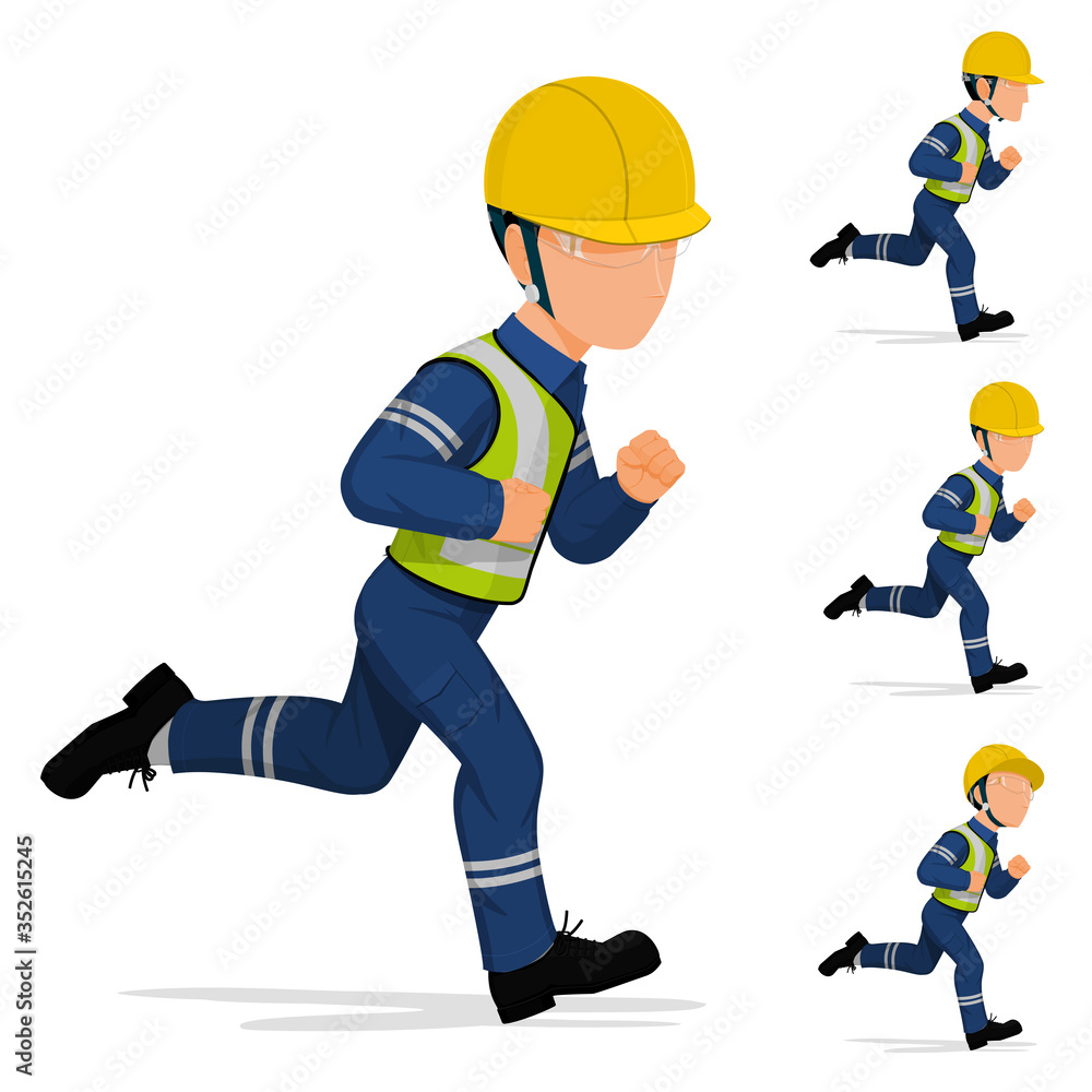 An industrial worker is running on white background - obrazy, fototapety, plakaty 