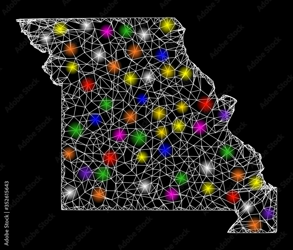 Web mesh vector map of Missouri State with glare effect on a black ...