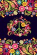 Vivid print on the dark background with floral decorative seamless border and hippie peace flowers symbol for T shirt, bag, fashion print
