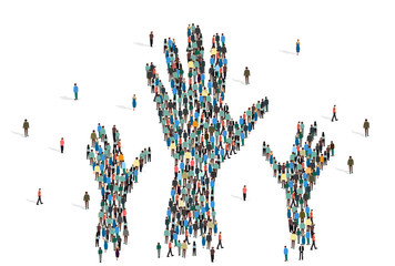 Silhouettes of hands made from people mob on white background, vector illustration in flat style