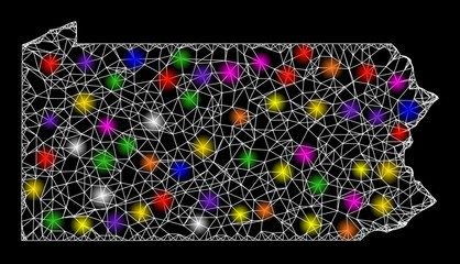 Web mesh vector map of Pennsylvania State with glare effect on a black background. Abstract lines, light spots and points form map of Pennsylvania State constellation.
