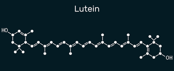 Sticker - Lutein, xanthophyll molecule. It is type of carotenoid, food additive E161b. Structural chemical formula on the dark blue background