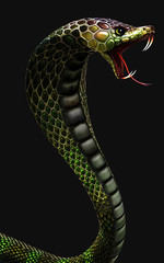 Wall Mural - 3d King Cobra The World's Longest Venomous Snake Isolated on Dark Background with Clipping Path, King Cobra Snake, 3d Illustration, 3d Rendering