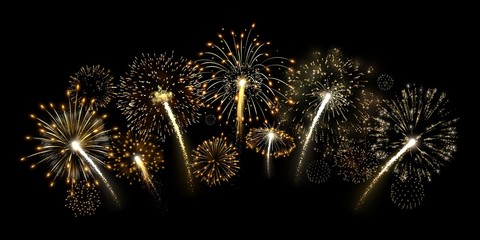 golden firecracker. shiny gold fireworks arc, premium yellow firework burst and luxury holiday celeb