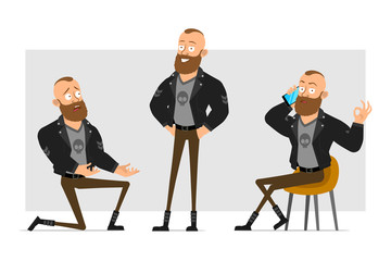 Wall Mural - Cartoon flat funny strong bearded punk hooligan with mohawk in leather jacket. Ready for animation. Boy standing on knee, smiling and talking on phone. Isolated on gray background. Vector icon set.