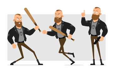 Wall Mural - Cartoon flat funny strong bearded punk hooligan with mohawk in leather jacket. Ready for animation. Boy fighting with wooden baseball bat and gun. Isolated on gray background. Vector icon set.